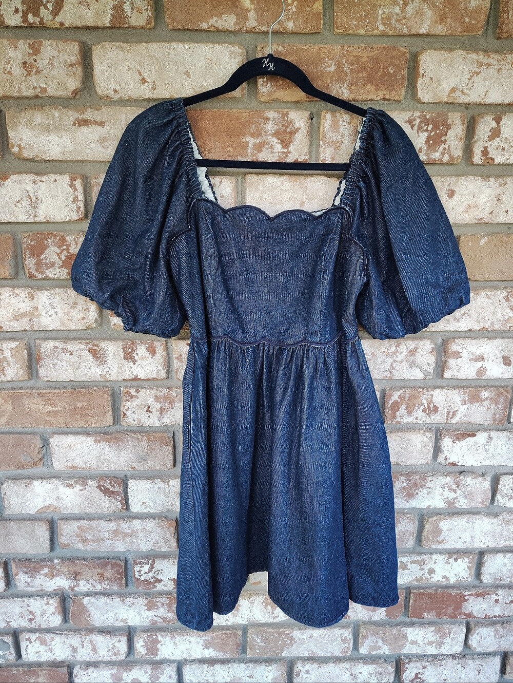 Entro Denim Babydoll Mini Dress M Blue Scalloped Neck Puff Bubble Sleeve Pockets - Picture 2 of 9